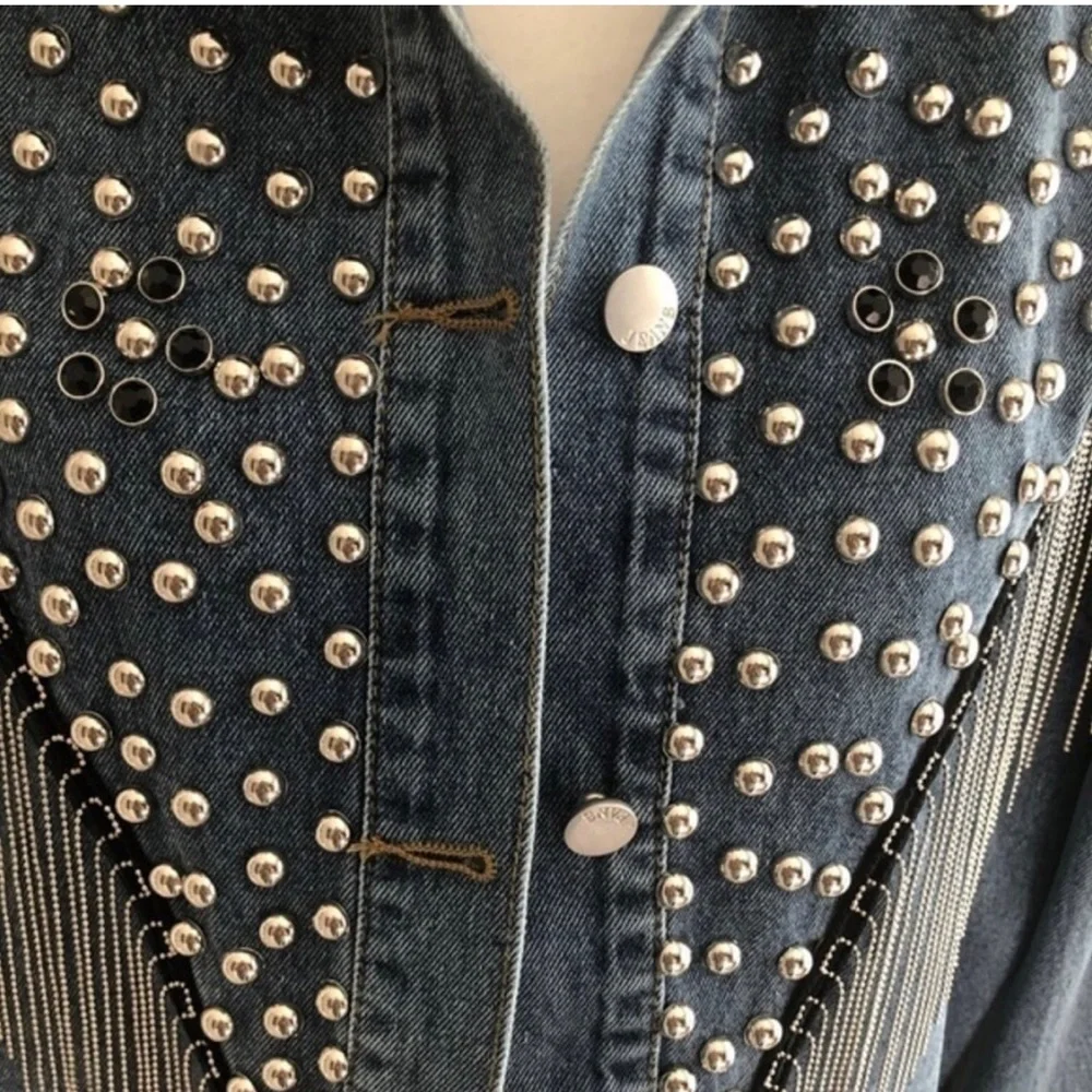 Blue Studded Fringe Statement Denim Jacket Size XL
